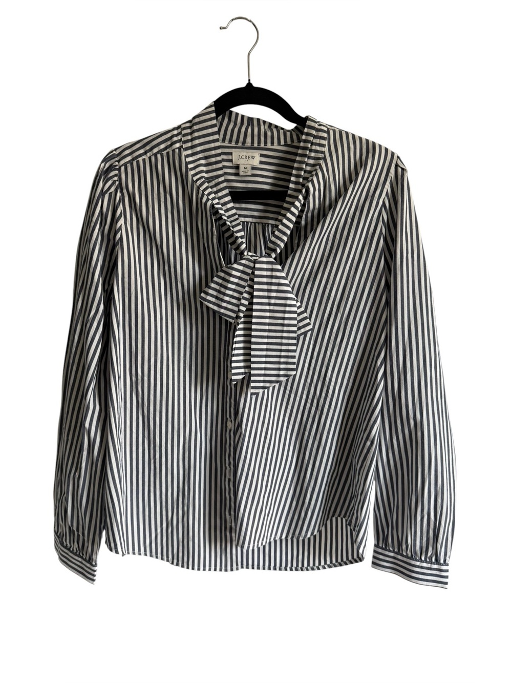 J. Crew Navy & White Striped Tie-Neck Blouse, Size Medium